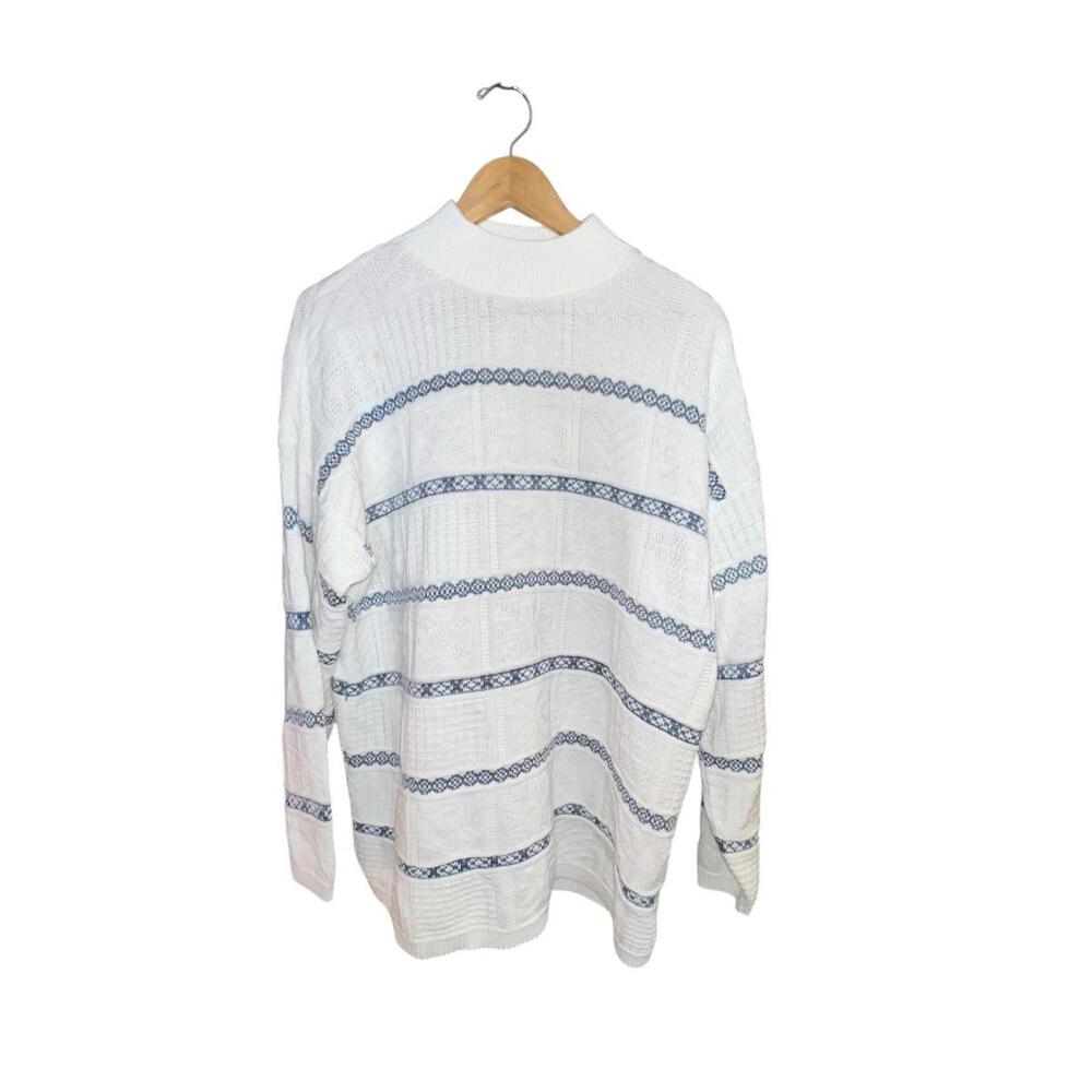 VTG 1980s Spunky Sweater White Blue Knit Mock‎ Neck Made in USA Retro Women's XL